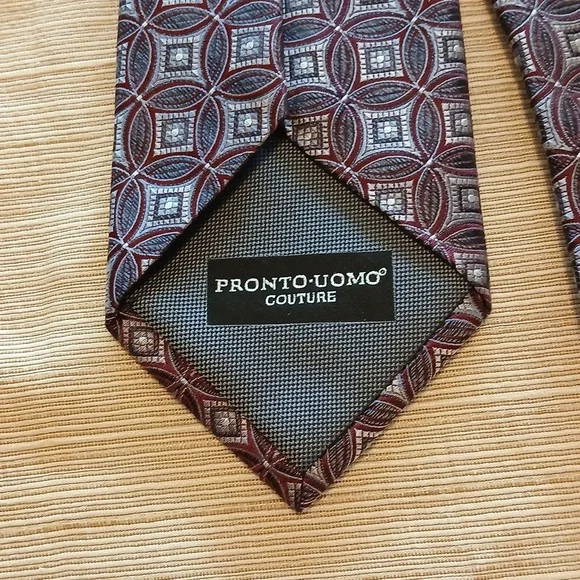 PRONTO• UOMO Couture Geometric Patterned Tie - Burgundy/Blue/Grey - Picture 3 of 6